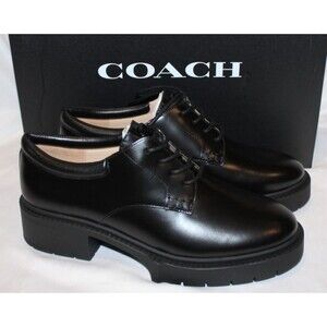 Coach Women's Lyla Platform Leather Oxfords Black Leather NIB‎